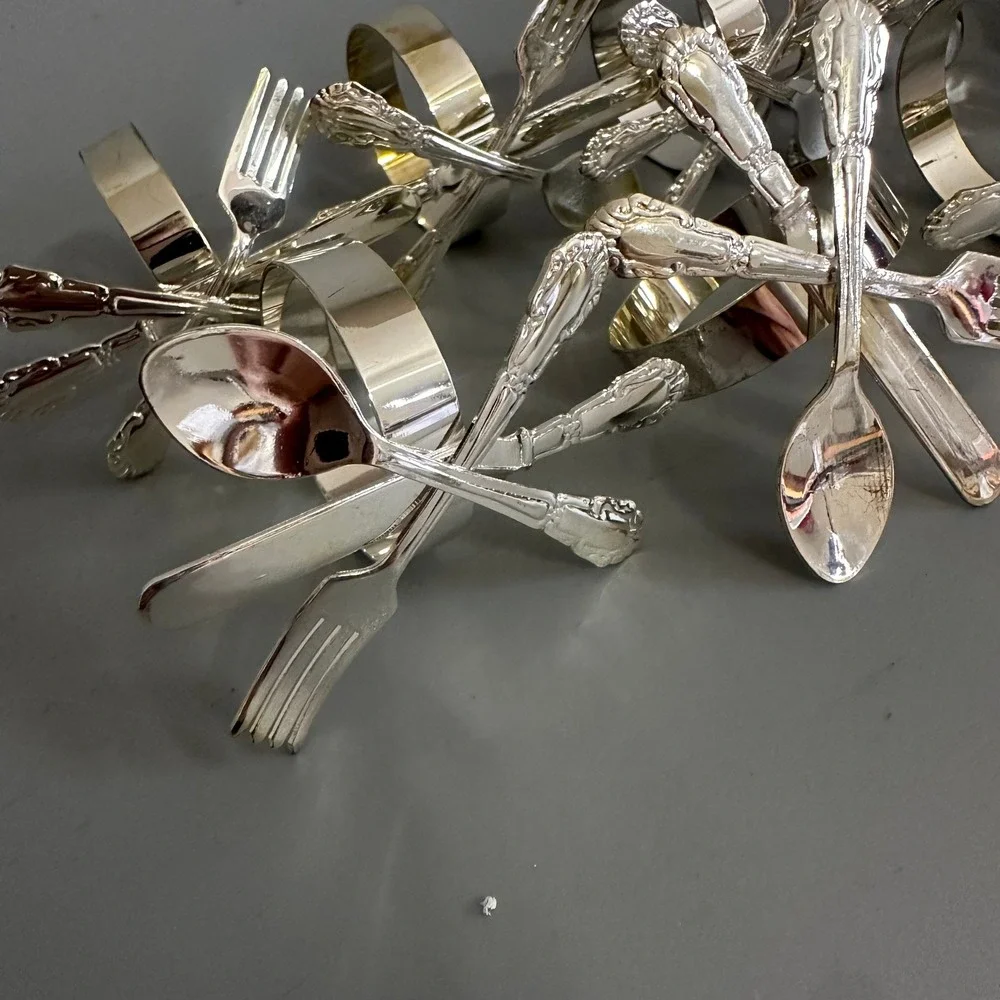 Set of 12 Silver Plated Napkin Rings Crossed Flatware Fork Knife Spoon Motif